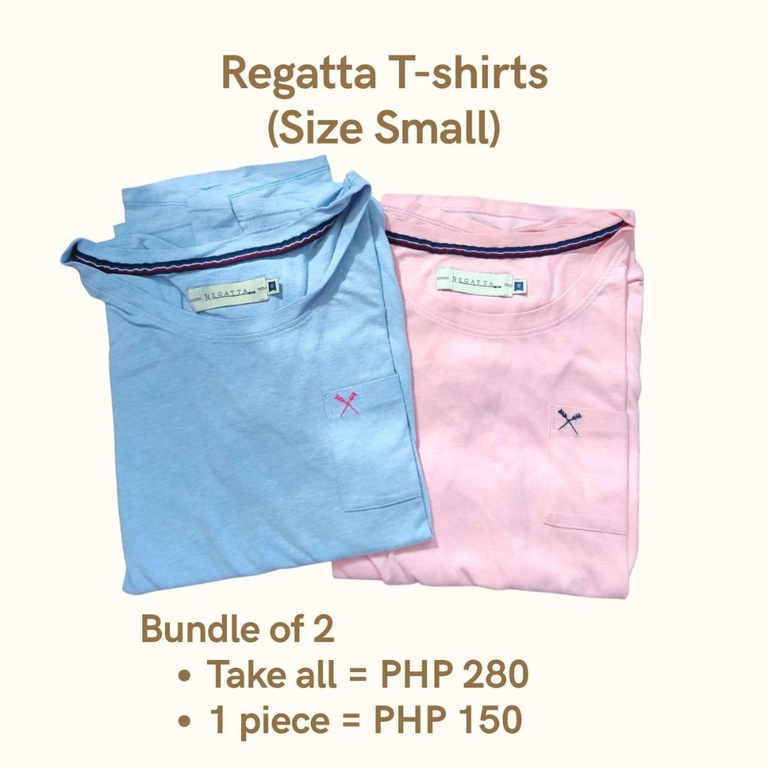 Regatta Pastel Tee Bundle of 2 (with pockets!) (Category: Shirts) located in Cebu City. Submitted by declutterwithciara (Listing ID 1445678703, Image 1). Description: Shirts are all in good condition! Buy one at PHP 150. Save PHP 20 when you buy 2 @ PHP 280! See details of shirts in the photos. Thank you! :)) Size: Small (both shirts) Store policies: ❌ No fittings, returns, or exchanges 💵 MOP: GCash, GoTyme, Metrobank 🛵 MOD: Grab, LBC.