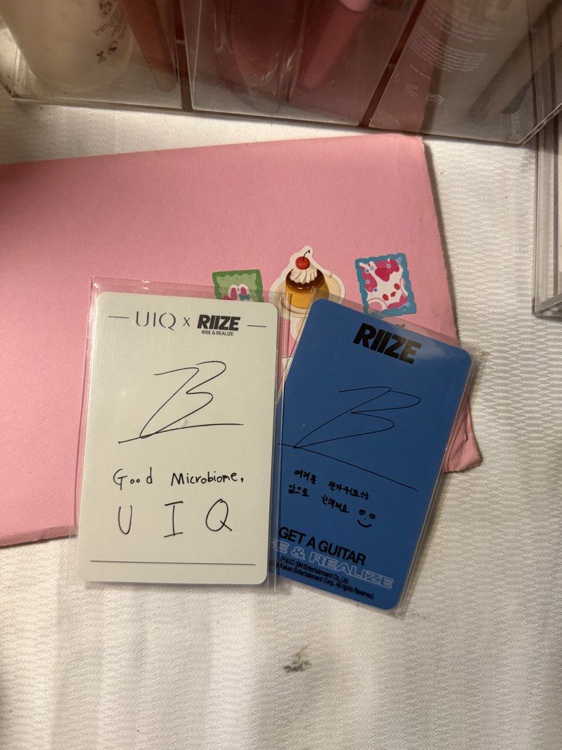 RIIZE Wonbin UIQ and Get A Guitar Photocard Set (Category: K-Wave Merchandise) located in Balanga. Submitted by revultured (Listing ID 1445701447, Image 2). Description: - Set of RIZE x UIQ photocards - Features members from the group RIZE - Photocard 1: 'Good Microbiome, UIQ' text - Photocard 2: Blue with 'RIZE' and Korean text - Rare collectibles for any RIZE fan mop : gcash mod : jnt loc : Bataan.
