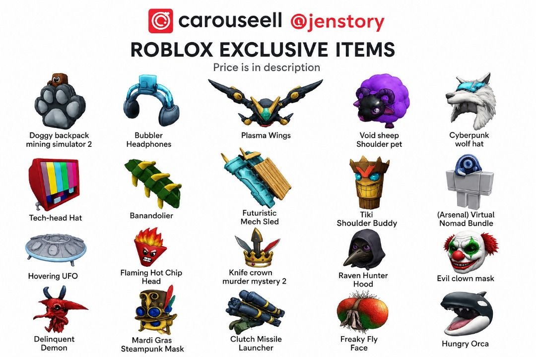 Roblox Items - Redeem code (Category: In-Game Products) located in Singapore. Submitted by jenstory (Listing ID 1445697131, Image 1). Description: Most of these items have effects! Can check youtube for the effect! Get yours now :D 1. Doggy backpack mining simulator 2 $6 2. Bubbler Headphones $400 3. Plasma Wings $25 4. Void sheep Shoulder pet $3.50 5. Cyberpunk wolf hat $13 6. Tech-head Hat $32 7. Banandolier $25 8. Futuristic Mech Sled $14 9. T