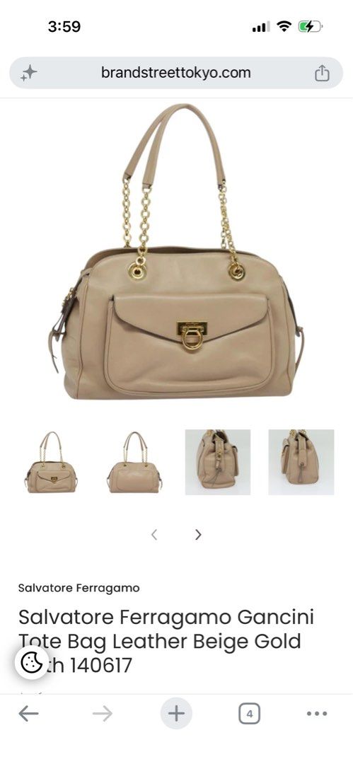 Salvatorre Feragammo (Category: Luxury Bags & Wallets) located in Legazpi City. Submitted by thesource052 (Listing ID 1445787492, Image 1). Description: Salvatorre Ferragamo gancini totebag Beige Gold Hardware. Leather Made in italy Width: 15” Inches Length: 9” Inches Sign Of Usage only Slight Scratch On the edge excellent condition No major flaws Authentic.
