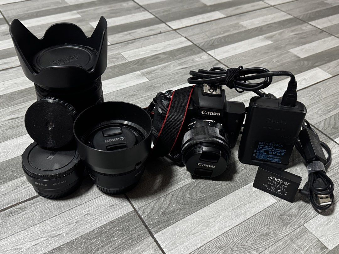 Canon M50 II Mirrorless Camera (Category: Cameras) located in Manila. Submitted by kirbyxblack (Listing ID 1445742015, Image 1). Description: Bought my M50 II for 43,000php. Selling: 30,000 (Fixed) Inclusions: •Canon EOS M50 II w/ 15-45mm Kit Lens •EF-S 18-200mm 3.5-5.6/f with Hood • EF 50mm 1.8/f with Hood • SiamDispo Dispo Lens (EF-M) • Original LP-E12 Charger •PALO LP-E12 2000mah Battery •Meike EF-S to EF-M Adaptor • Andoer Battery Pack (Good 