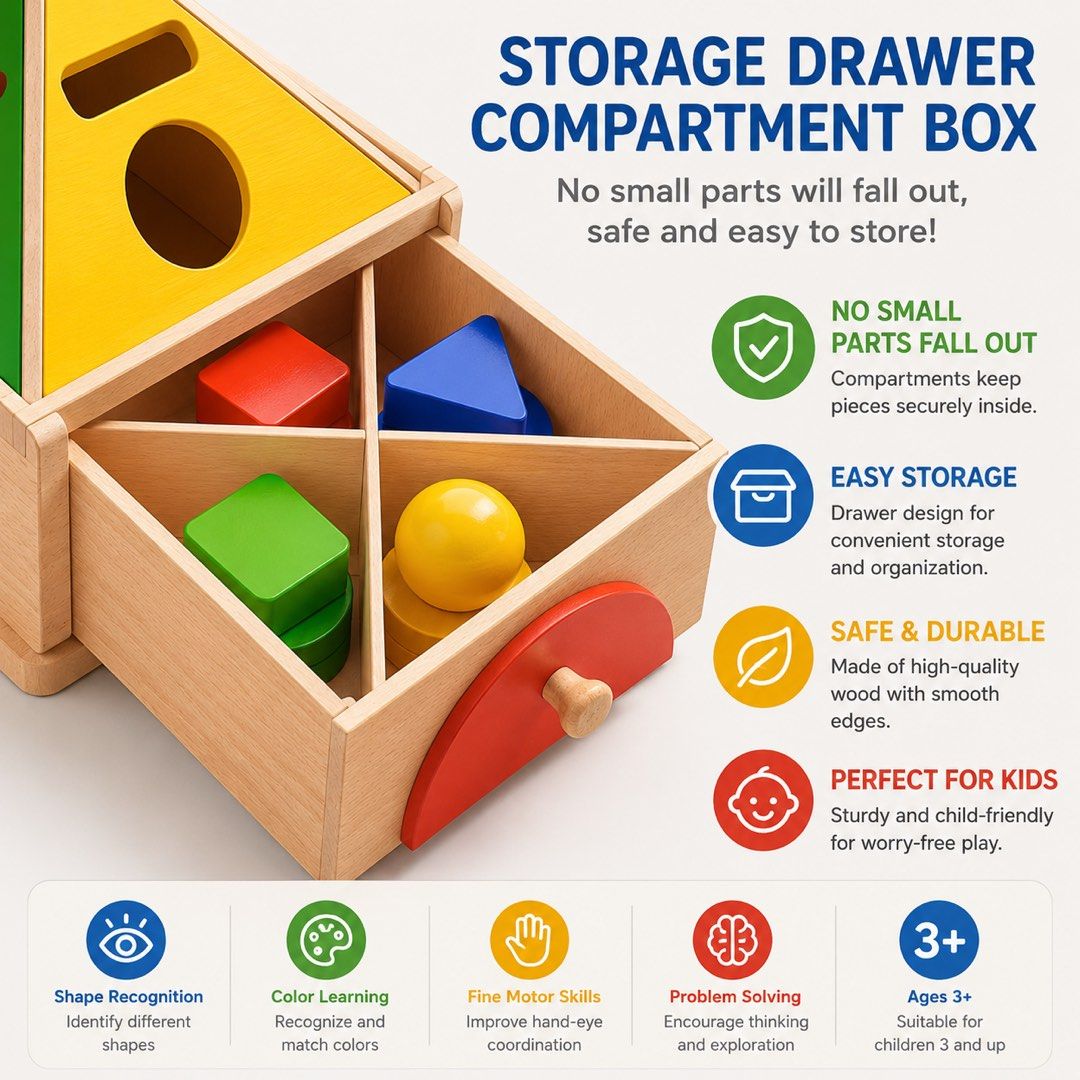 Shape sorting (Category: Infant Playtime) located in Singapore. Submitted by happycongstore (Listing ID 1445697655, Image 2). Description: - Educational shape recognition and sorting toy for children aged 3+. - Helps children learn shapes and colors through interactive play. - Set includes a wooden sorting box with various shaped holes. - Comes with colorful wooden blocks: red circle, red square, green circle, green trapezoid, blue circle, blue t