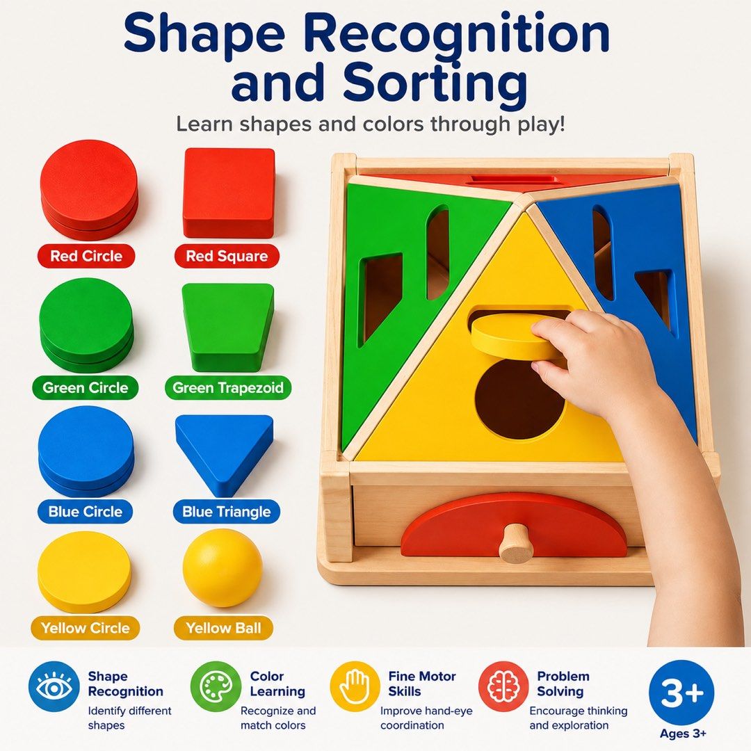 Shape sorting (Category: Infant Playtime) located in Singapore. Submitted by happycongstore (Listing ID 1445697655, Image 1). Description: - Educational shape recognition and sorting toy for children aged 3+. - Helps children learn shapes and colors through interactive play. - Set includes a wooden sorting box with various shaped holes. - Comes with colorful wooden blocks: red circle, red square, green circle, green trapezoid, blue circle, blue t