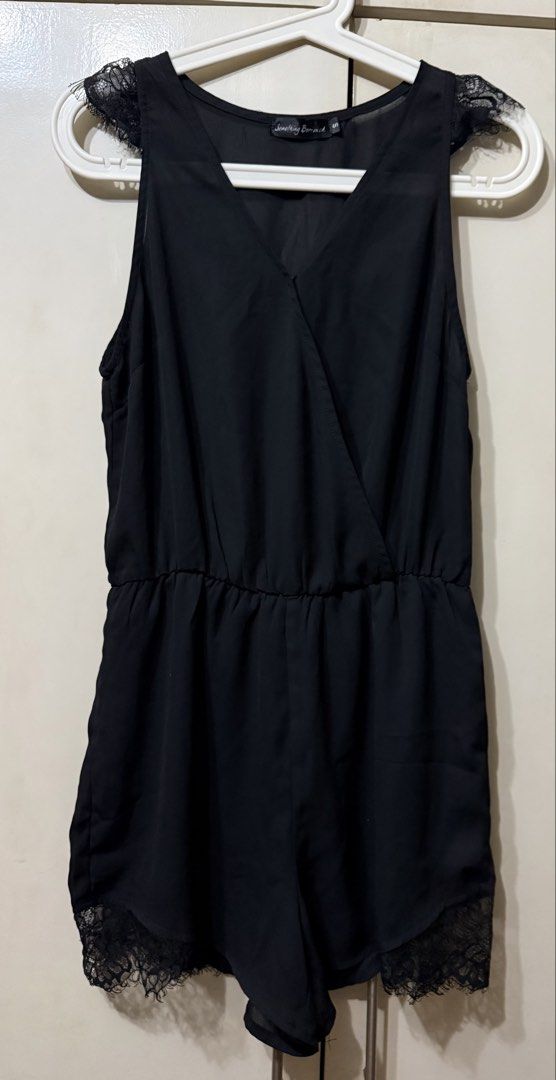 Something Borrowed Black Lace Trim Romper (USED TWICE) (Category: Rompers) located in Quezon City. Submitted by kj.closet (Listing ID 1445730753, Image 1). Description: - Brand: Something Borrowed - Color: Black - Style: Romper - Details: Lace trim on sleeves and hem - Neckline: V-neck with wrap-style front - Waist: Elasticated - Occasion: Versatile for night outs or casual wear - in perfect condition Rfs: gained weight, too small for me now.