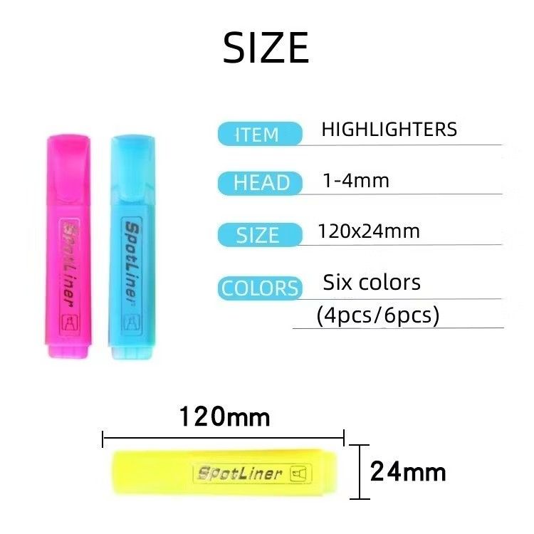 Spot Liner High Quality Highlighter Pens (4pcs) (Category: Stationery & School Supplies) located in Quezon City. Submitted by an.marie (Listing ID 1445779851, Image 2). Description: - Set of 4 Spot Liner highlighter pens - Colors included: Orange, Green, Yellow, Pink - Tip size: 1-4mm - Dimensions: 120mm long, 24mm wide - Ideal for highlighting important notes - User-friendly design.
