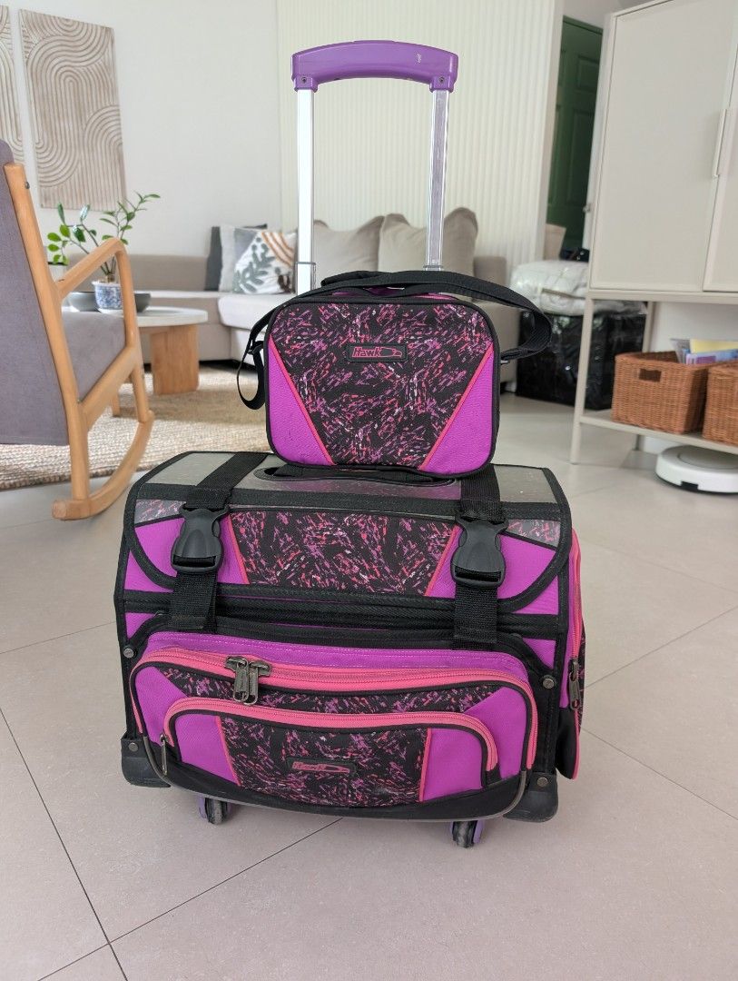 Stroller Bag for School (Category: Strollers) located in Calamba. Submitted by bearpie (Listing ID 1445618364, Image 1). Description: - hawk stroller bag for school in purple with black and pink accents. - Includes a lunch bag and raincover - Ample pockets and compartments for organized packing..