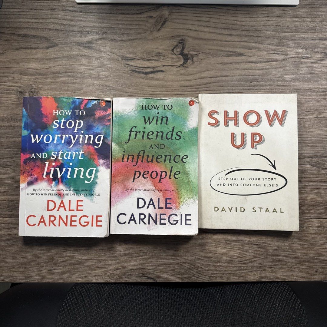 TAKE ALL: Self Help Books Bundle (Category: Storybooks) located in Cavite. Submitted by gail_03 (Listing ID 1445773488, Image 1). Description: - Set of 3 self-help books for personal development. - Includes 'How to Stop Worrying and Start Living' by Dale Carnegie. - Includes 'How to Win Friends and Influence People' by Dale Carnegie. - Includes 'Show Up' by David Staal. - Pages are clear and readable. - Covers show minor signs of wear. 20 each, t