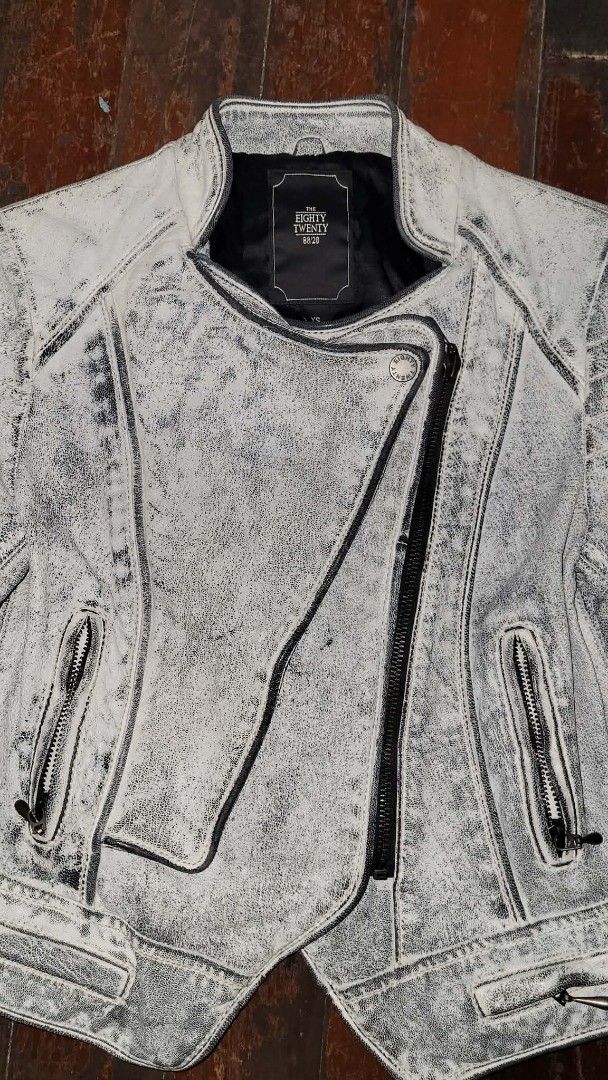 The Eighty Twenty 80-20 Acid Wash Leather Biker Jacket (Category: Coats, Jackets and Outerwear) located in Manila. Submitted by q55qb (Listing ID 1445693545, Image 2). Description: - Cool acid wash leather biker jacket - Brand: The Eighty Twenty - Asymmetrical zip front closure - Zipper pockets on the front - Zipper details on the cuffs - Black lining - Shell: 100% lamb leather - Lining: 100% acetate - A great addition to any wardrobe.