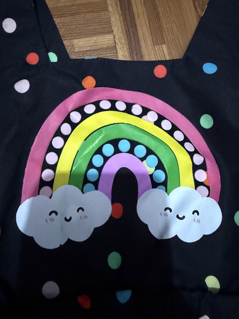 Twinning Polkadot dress (Category: Babies & Kids Fashion) located in Cavite. Submitted by thehiddenhanger (Listing ID 1445664845, Image 2). Description: - Adorable black dresses with fun colorful polka dots and a rainbow with smiling clouds design. - Perfect for your little ones, suitable for parties or everyday wear. - Brand: SHEIN - Available sizes: 1x 4Y, 1x 6Y -Used Twice only. -Take all for 250! -minimal issue in rainbow of 4Y.