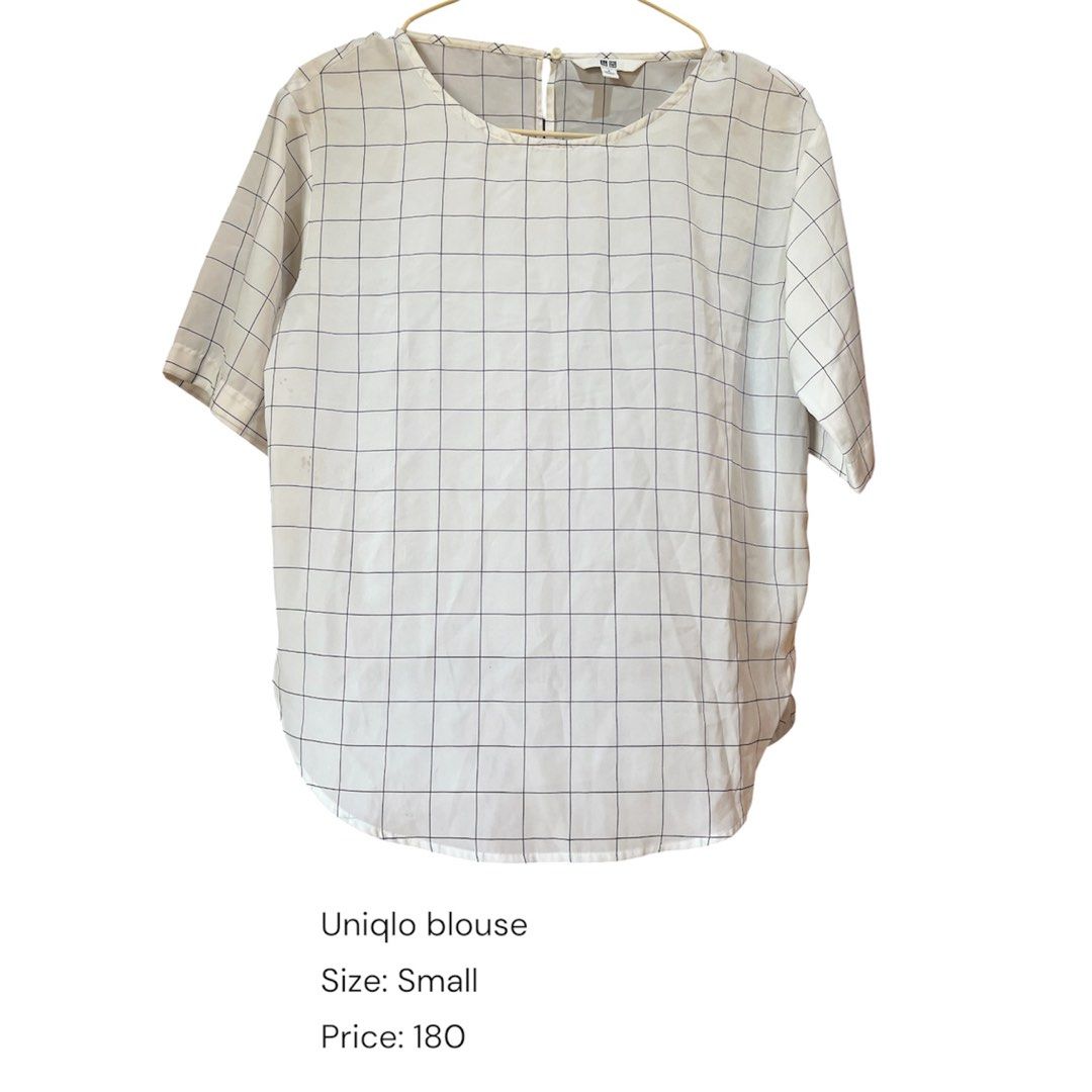 Uniqlo White Grid Pattern Short Sleeve Blouse Size Small (Category: Blouses) located in Cainta. Submitted by second_street. (Listing ID 1445678654, Image 1). Description: - White Uniqlo blouse - Subtle grey grid pattern - Short sleeves - Relaxed fit - Comfortable and light material - Versatile: easy to pair for casual or slightly dressed-up outfits.