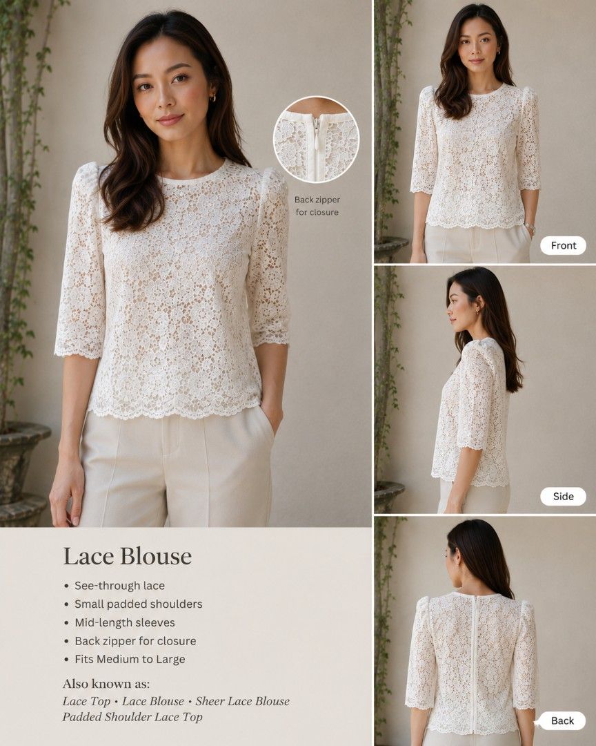 White Lace Blouse - Padded Shoulders, Back Zipper (Category: Blouses) located in Malabon City. Submitted by ph_ohkaye (Listing ID 1445624373, Image 2). Description: - Brand: TONE - Style: White lace blouse - Features: See-through lace overlay, small padded shoulders, mid-length sleeves, back zipper closure - Fit: Fits Medium to Large - Styling: Great for layering or wearing on its own 56 cm LENGHT pit to pit 43cm.