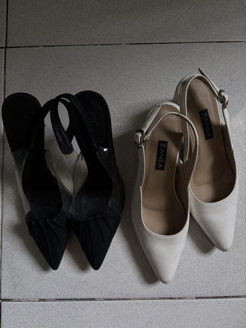 Zanea White Slingback Heels & Black Transparent Heels (Category: Heels) located in Bulacan. Submitted by hanneea (Listing ID 1445614952, Image 1). Description: Buy this 2 for ₱999 - Zanea White Slingback Heels: Pointed toe, block heel, adjustable ankle strap. - Black Pointed Toe Heels: Transparent sides, elastic slingback strap. - Both are versatile and stylish for any occasion..