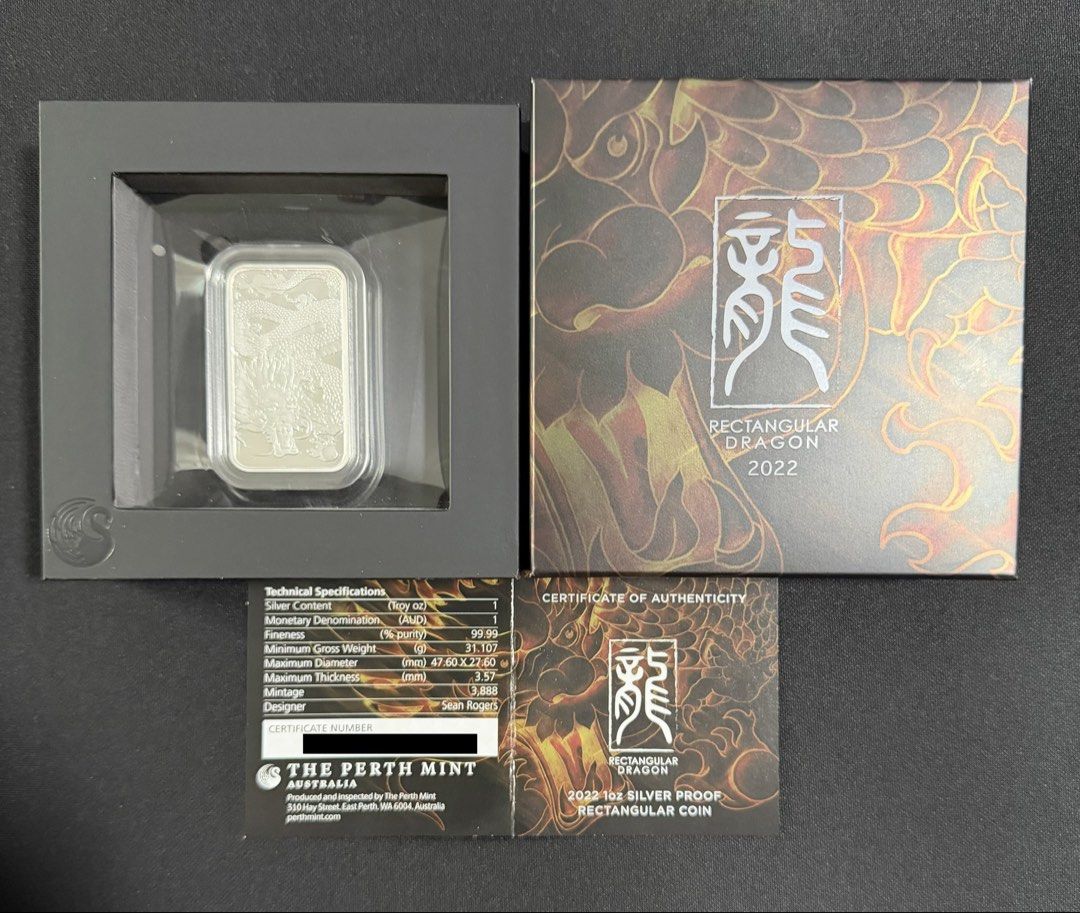 2022 Perth Mint Dragon 1 oz Silver Proof Bar with Box & COA (Category: Currency) located in Singapore. Submitted by freddyng1991 (Listing ID 1439804876, Image 1). Description: A stunning collector piece from the renowned The Perth Mint featuring the iconic Chinese dragon design in a unique rectangular format. This 1oz .9999 fine silver proof coin comes with exceptional mirror-like fields and frosted details, making the dragon artwork truly stand 