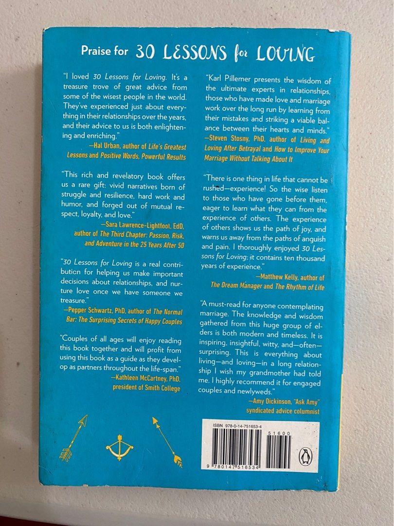 30 Lessons for Loving by Karl Pillemer, PhD (Category: Storybooks) located in Las Pinas. Submitted by makingspace24 (Listing ID 1445803404, Image 2). Description: - Discover wisdom from wise Americans on love, relationships, and marriage. - Insights gathered from a survey of people in long-term committed partnerships. - Learn practical strategies for building and maintaining strong connections. - An essential read for anyone interested in relatio