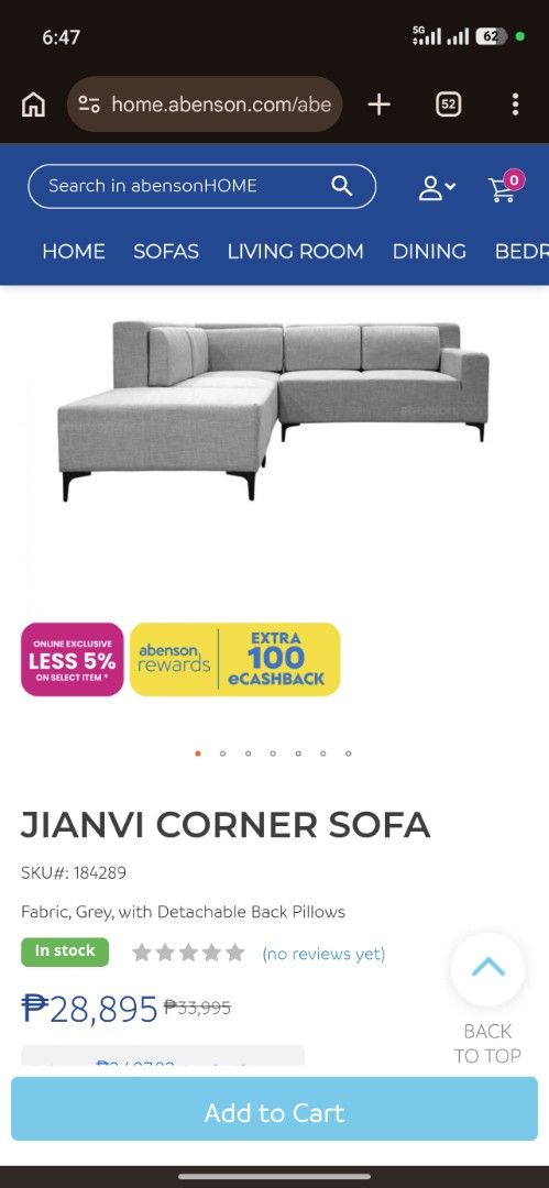 Abenson Jianvi Corner Sofa - Grey Fabric (Category: Sofas) located in Manila. Submitted by happymoon_a0aa3e (Listing ID 1445798555, Image 2). Description: - Modern grey fabric corner sofa - Detachable back pillows for customizable comfort - Sleek and contemporary design, perfect for living rooms - Purchased from Abenson Reason for selling: Magmove-out. Hindi kasya sa lilipatang bahay. Issue: may konting stains. kaya pa matanggal pag pinalinis. - 
