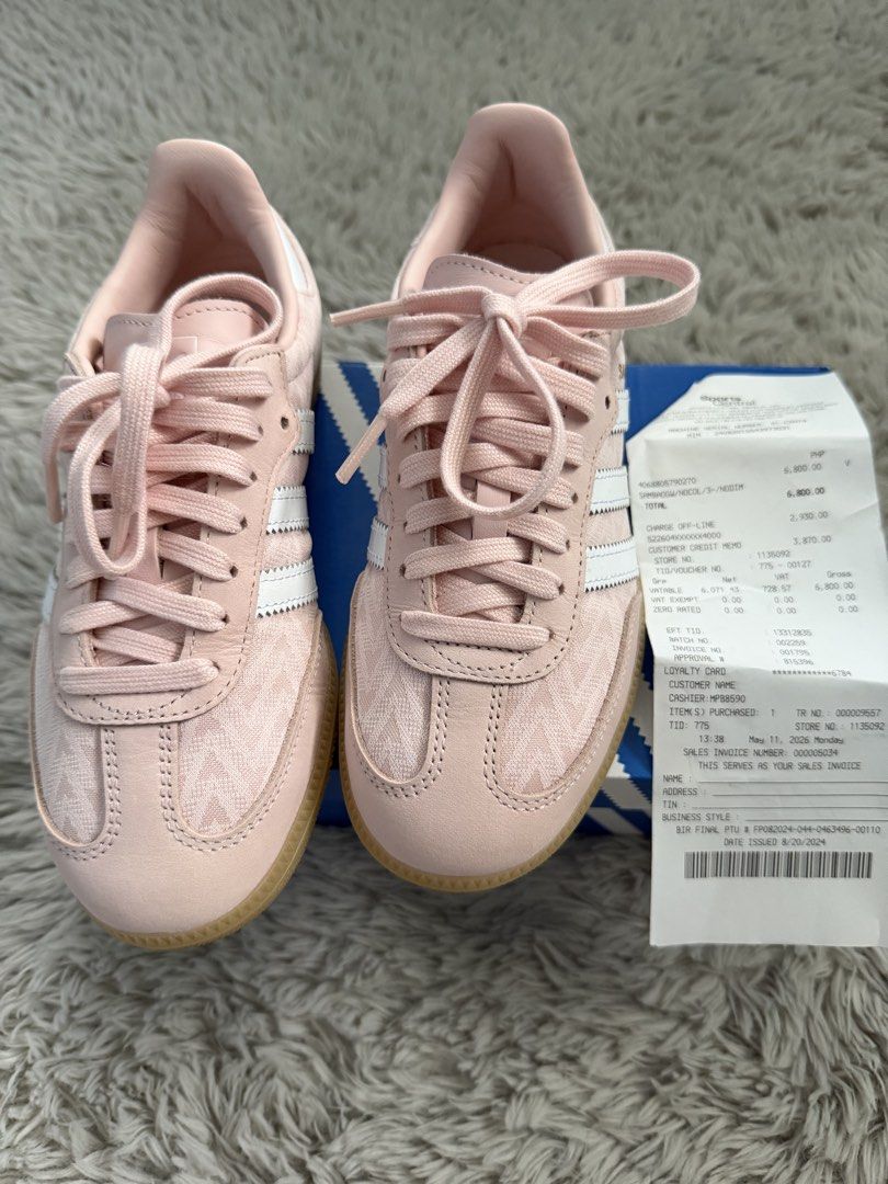 💯Adidas 23cm Samba OG W Pink Heart Pattern Gum Sole (Category: Sneakers) located in Rizal. Submitted by popoyenbasha (Listing ID 1445950227, Image 1). Description: - Adidas Samba OG W - Color: Pretty Pink - Features a subtle all-over heart pattern - Classic gum sole - Includes original box and receipt - Size: 5 UK / 36 EU .