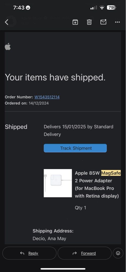 Apple 85W MagSafe 2 Power Adapter for MacBook Pro (Category: Chargers & Cables) located in Catbalogan. Submitted by declutterfind (Listing ID 1445805091, Image 3). Description: - Original Apple 85W MagSafe 2 Power Adapter - Compatible with MacBook Pro with Retina display - Includes original box and all cables - Purchase date: December 14, 2024 - Original purchase price: PHP 4,490.00 .