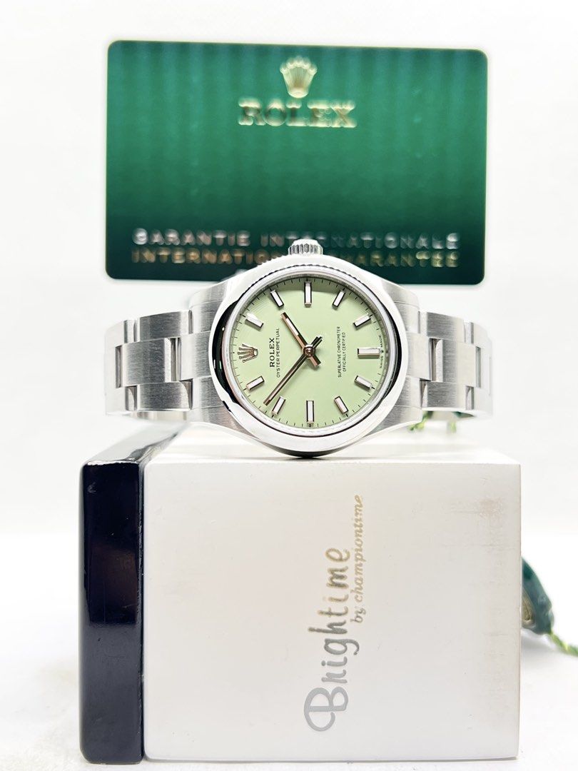 Brand New Rolex Oyster Perpetual 31 277200 Pistachio Green Dial Automatic Steel Casing Bracelet ( June 26 ) (Category: Watches) located in Singapore. Submitted by brightime (Listing ID 1445866839, Image 2). Description: Brand New Rolex Oyster Perpetual 31 277200 Pistachio Green Dial Automatic Steel Casing Bracelet ** Brand New ** ** Partial Factory Stickers Intact ** Model : 277200 Also known as : Oyster Perpetual 31 Case size : 31mm Dial : Pista