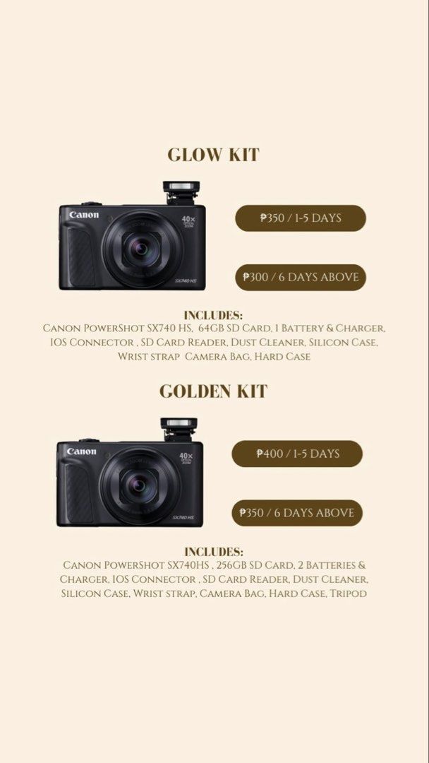 Canon Powershot SX740 HS Camera Rental (Category: Cameras) located in Manila. Submitted by andreamarieee (Listing ID 1445958529, Image 1). Description: - Rent a Canon Powershot SX740 HS camera for your next trip or event. - Choose between the Glow Kit or Golden Kit. - Both kits include: camera, SD card, charger. - Golden Kit extras: 256 SD card, extra battery, tripod. - Perfect for capturing memories. - Daily rental rates available. Check our ins