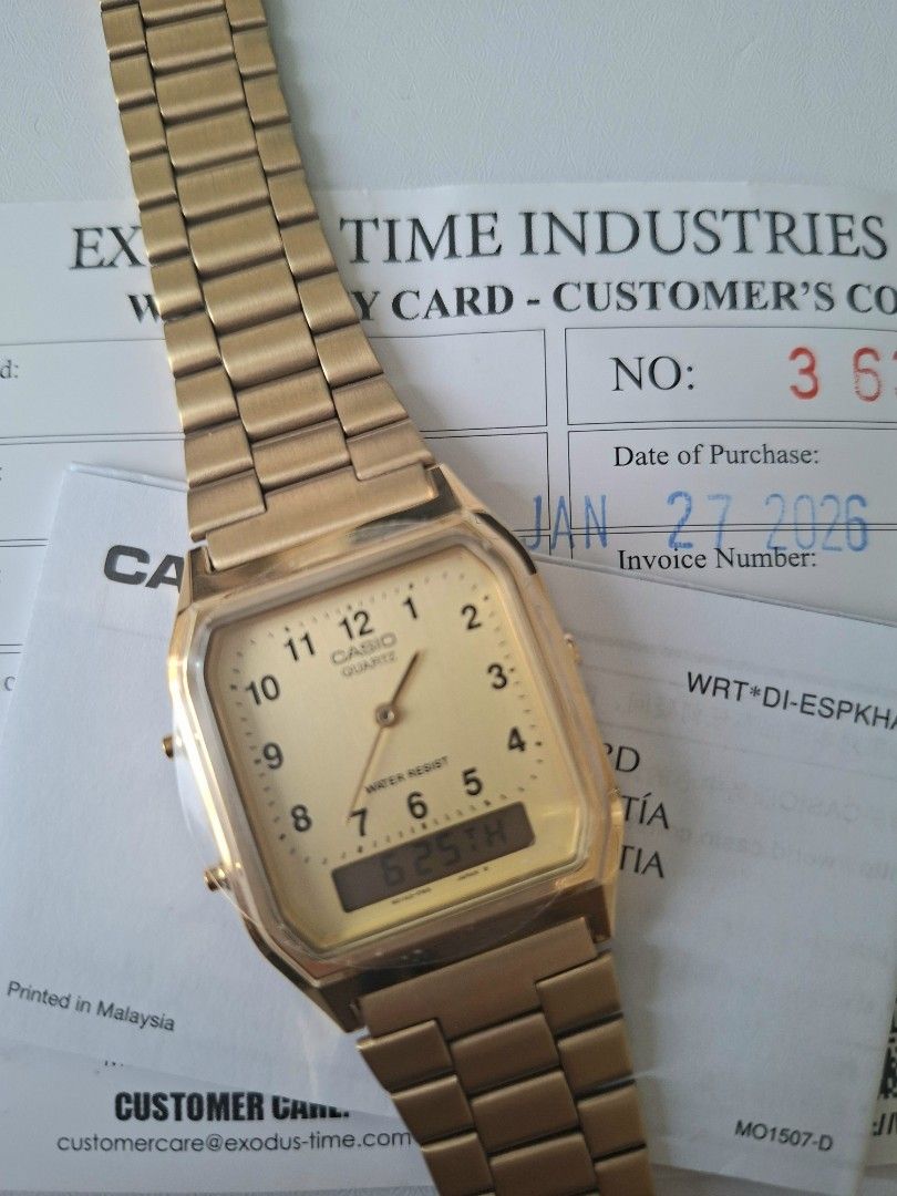 Casio Vintage (AQ-230GA-9BMQ) (Category: Women's Watches) located in Taguig. Submitted by kitssale (Listing ID 1445827661, Image 2). Description: - Classic gold Casio watch, never been used - Dual analog and digital displays - Water resistant - Durable metal strap - Warranty card included - Ideal for everyday use.