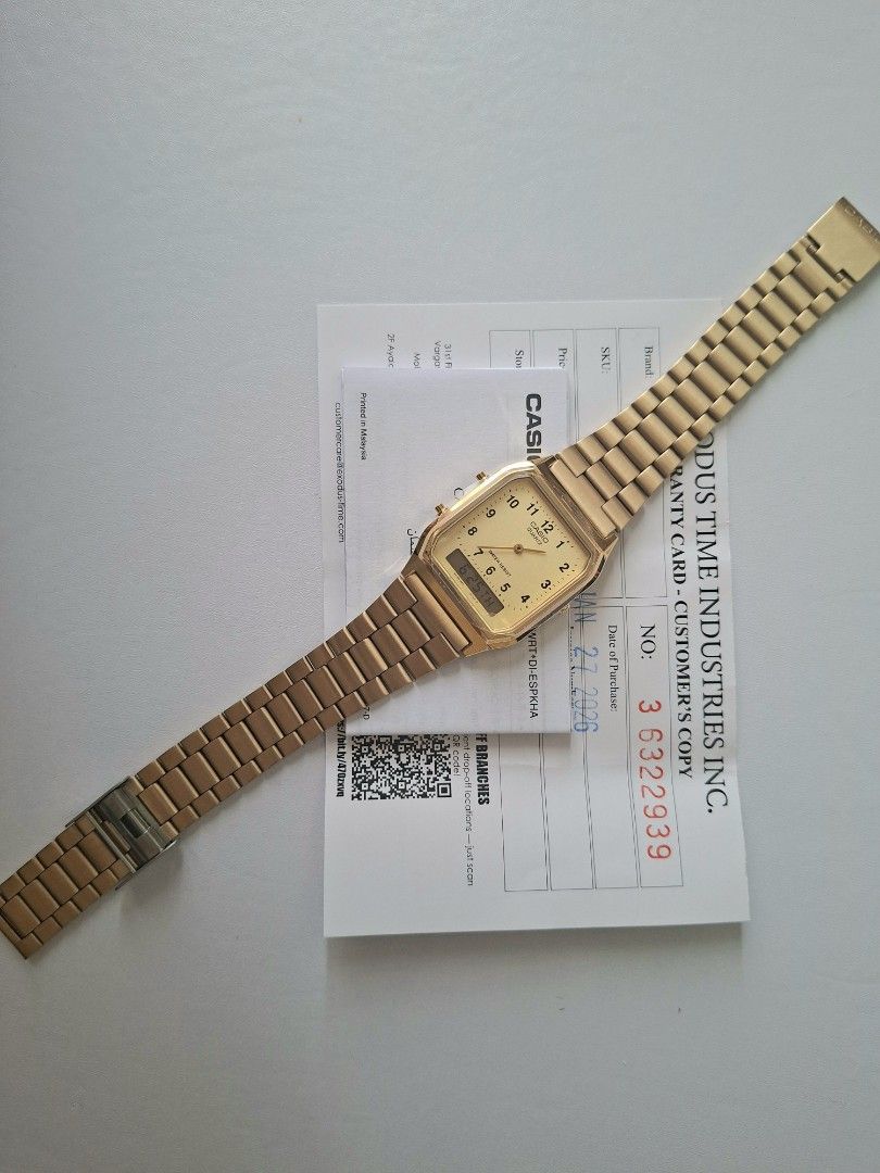 Casio Vintage (AQ-230GA-9BMQ) (Category: Women's Watches) located in Taguig. Submitted by kitssale (Listing ID 1445827661, Image 3). Description: - Classic gold Casio watch, never been used - Dual analog and digital displays - Water resistant - Durable metal strap - Warranty card included - Ideal for everyday use.