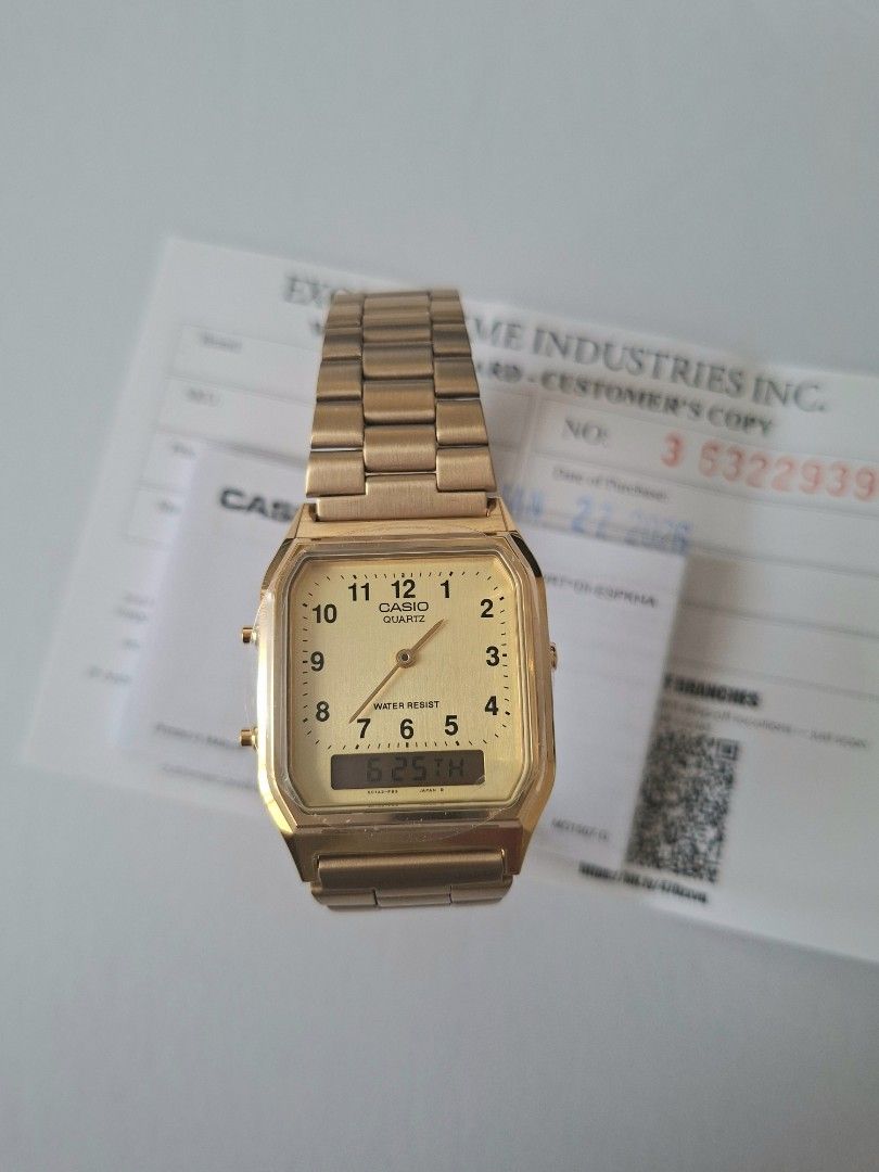 Casio Vintage (AQ-230GA-9BMQ) (Category: Women's Watches) located in Taguig. Submitted by kitssale (Listing ID 1445827661, Image 1). Description: - Classic gold Casio watch, never been used - Dual analog and digital displays - Water resistant - Durable metal strap - Warranty card included - Ideal for everyday use.