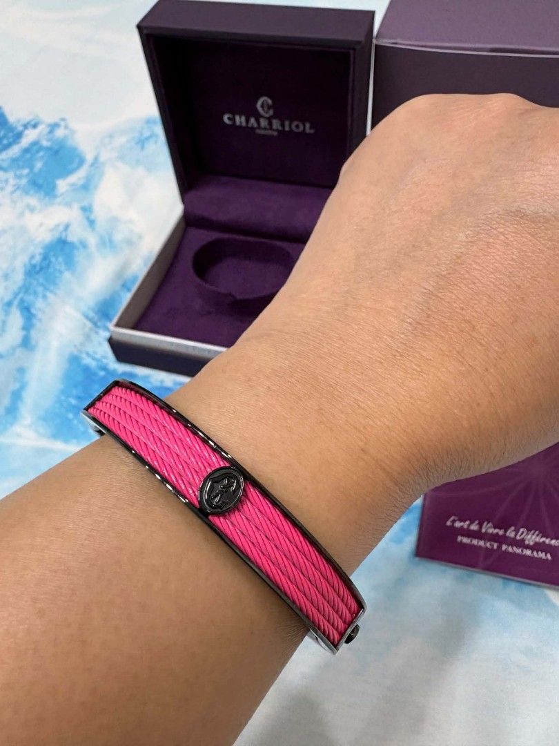 Charriol Geneva Bangle Bracelet Pink Cable with Black Accent (Category: Bracelets) located in Mandaluyong City. Submitted by recelrosa (Listing ID 1445823598, Image 3). Description: - Authentic Charriol Geneva Forever Color Bangle Pink - Signature pink cable design - Black accent with Charriol logo centerpiece - Comes with original box - Includes authenticity cards - A stunning statement piece.