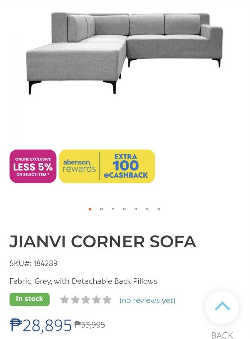 Corner Sofa (Category: Sofas) located in Malolos. Submitted by aemcloset (Listing ID 1445938580, Image 2). Description: - Modern grey fabric corner sofa - Detachable back pillows for customizable comfort - Sleek and contemporary design, perfect for living rooms - Purchased from Abenson Reason for selling: Magmove-out. Hindi kasya sa lilipatang bahay. Issue: may konting stains. kaya pa matanggal pag pinalinis. Price - 15,000 Location Guiguinto Bul