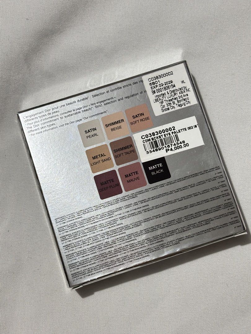 Dior Backstage Eye Palette 002 Cool Neutrals (Category: Makeup) located in Manila. Submitted by mucha6ble (Listing ID 1445877907, Image 2). Description: - Dior Backstage Eye Palette in shade 002 Cool Neutrals. - Features 9 beautiful shades with satin, shimmer, metal, and matte finishes. - Includes: pearl, beige, soft rose, light sand, soft taupe, deep plum, mauve, and black. - Net weight: 10g. - Bought at Dior SM Moa.