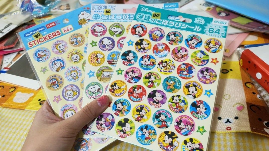 Disney, Peanuts & Doraemon Stickers - 64 pcs each pack (Category: Art & Prints) located in Bulacan. Submitted by arax_kumashop (Listing ID 1445942644, Image 1). Description: - 3 sticker packs included: Doraemon, Peanuts (Snoopy), and Disney (Mickey Mouse, Donald Duck). - Each pack contains 64 stickers. - Ideal for decorating notebooks, planners, or as rewards. -80 each (1,2,3).