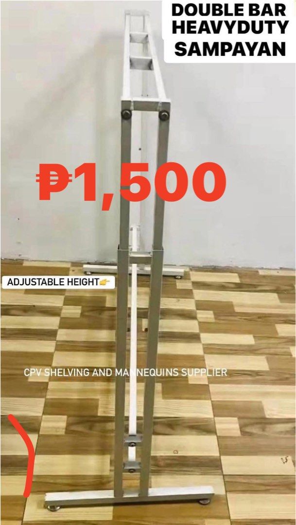 DOUBLE BAR CLOTHING RACK/SAMPAYAN (Category: Clothes Drying Rack) located in Manila. Submitted by shelvingstoreandmore (Listing ID 1445819762, Image 1). Description: All BRANDNEW Colors: -white and black -solid HEAVYDUTY 130kgs capacity Pede lagyan hooks bar Adjustable height.