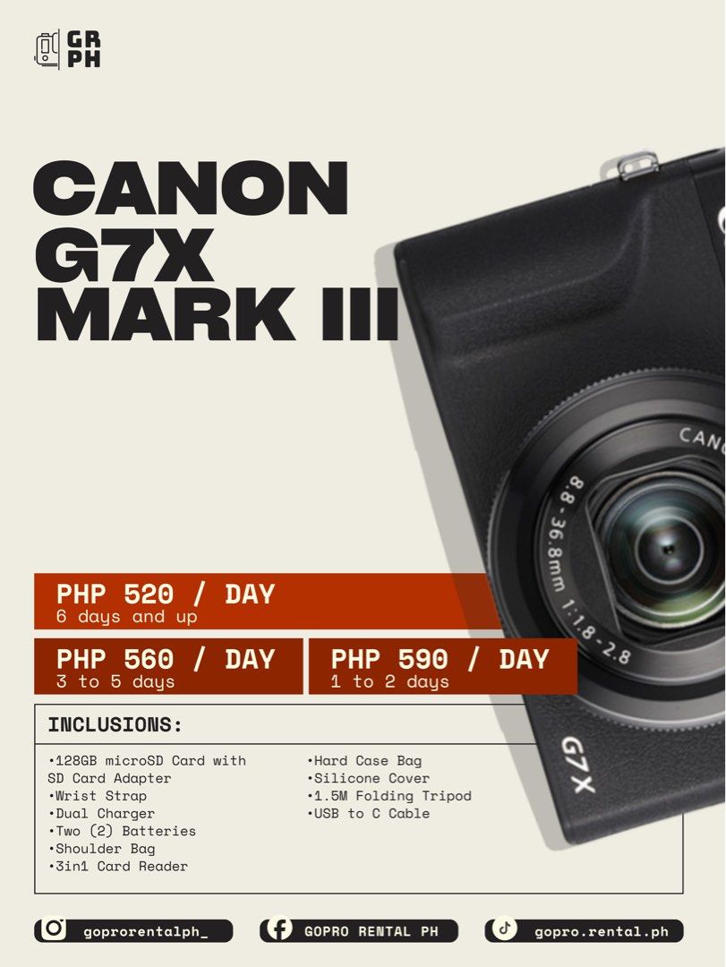FOR RENT: Canon G7X Mark III (Category: Cameras) located in Quezon City. Submitted by closet_theory (Listing ID 1346860824, Image 1). Description: 🎥✨ Looking for the perfect camera rental for your next adventure or project? Look no further! 📸 We offer a wide range of 𝗖𝗮𝗻𝗼𝗻, 𝗙𝘂𝗷𝗶𝗳𝗶𝗹𝗺, 𝗚𝗼𝗣𝗿𝗼, 𝗗𝗝𝗜, 𝗞𝗼𝗱𝗮𝗸, and 𝗜𝗻𝘀𝘁𝗮𝟯𝟲𝟬 𝗰𝗮𝗺𝗲𝗿𝗮𝘀 to capture every moment—whether it’s action-packed, picture-perfect, or uniquely c