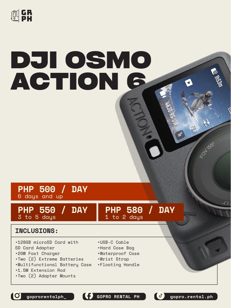 FOR RENT: DJI Osmo Action 6 (Category: Cameras) located in Antipolo. Submitted by closet_theory (Listing ID 1406929152, Image 1). Description: 🎥✨ Looking for the perfect camera rental for your next adventure or project? Look no further! 📸 We offer a wide range of 𝗖𝗮𝗻𝗼𝗻, 𝗙𝘂𝗷𝗶𝗳𝗶𝗹𝗺, 𝗚𝗼𝗣𝗿𝗼, 𝗗𝗝𝗜, 𝗞𝗼𝗱𝗮𝗸, and 𝗜𝗻𝘀𝘁𝗮𝟯𝟲𝟬 𝗰𝗮𝗺𝗲𝗿𝗮𝘀 to capture every moment—whether it’s action-packed, picture-perfect, or uniquely creat