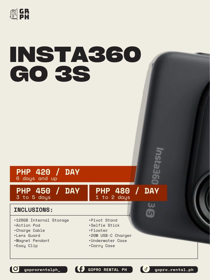 FOR RENT: Insta360 GO 3S (Category: Cameras) located in Quezon City. Submitted by closet_theory (Listing ID 1355017100, Image 1). Description: 🎥✨ Looking for the perfect camera rental for your next adventure or project? Look no further! 📸 We offer a wide range of 𝗖𝗮𝗻𝗼𝗻, 𝗙𝘂𝗷𝗶𝗳𝗶𝗹𝗺, 𝗚𝗼𝗣𝗿𝗼, 𝗗𝗝𝗜, 𝗞𝗼𝗱𝗮𝗸, and 𝗜𝗻𝘀𝘁𝗮𝟯𝟲𝟬 𝗰𝗮𝗺𝗲𝗿𝗮𝘀 to capture every moment—whether it’s action-packed, picture-perfect, or uniquely creat