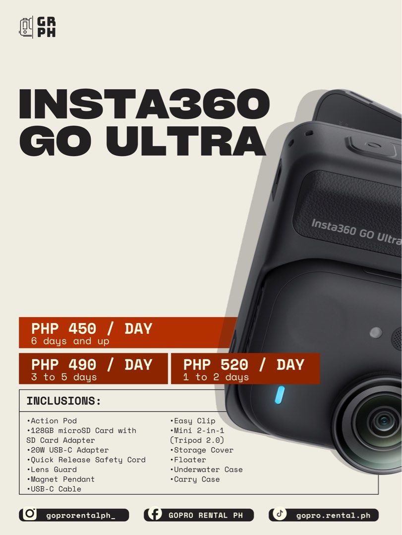 FOR RENT: Insta360 GO Ultra (Category: Cameras) located in Antipolo. Submitted by closet_theory (Listing ID 1406733773, Image 1). Description: 🎥✨ Looking for the perfect camera rental for your next adventure or project? Look no further! 📸 We offer a wide range of 𝗖𝗮𝗻𝗼𝗻, 𝗙𝘂𝗷𝗶𝗳𝗶𝗹𝗺, 𝗚𝗼𝗣𝗿𝗼, 𝗗𝗝𝗜, 𝗞𝗼𝗱𝗮𝗸, and 𝗜𝗻𝘀𝘁𝗮𝟯𝟲𝟬 𝗰𝗮𝗺𝗲𝗿𝗮𝘀 to capture every moment—whether it’s action-packed, picture-perfect, or uniquely creat