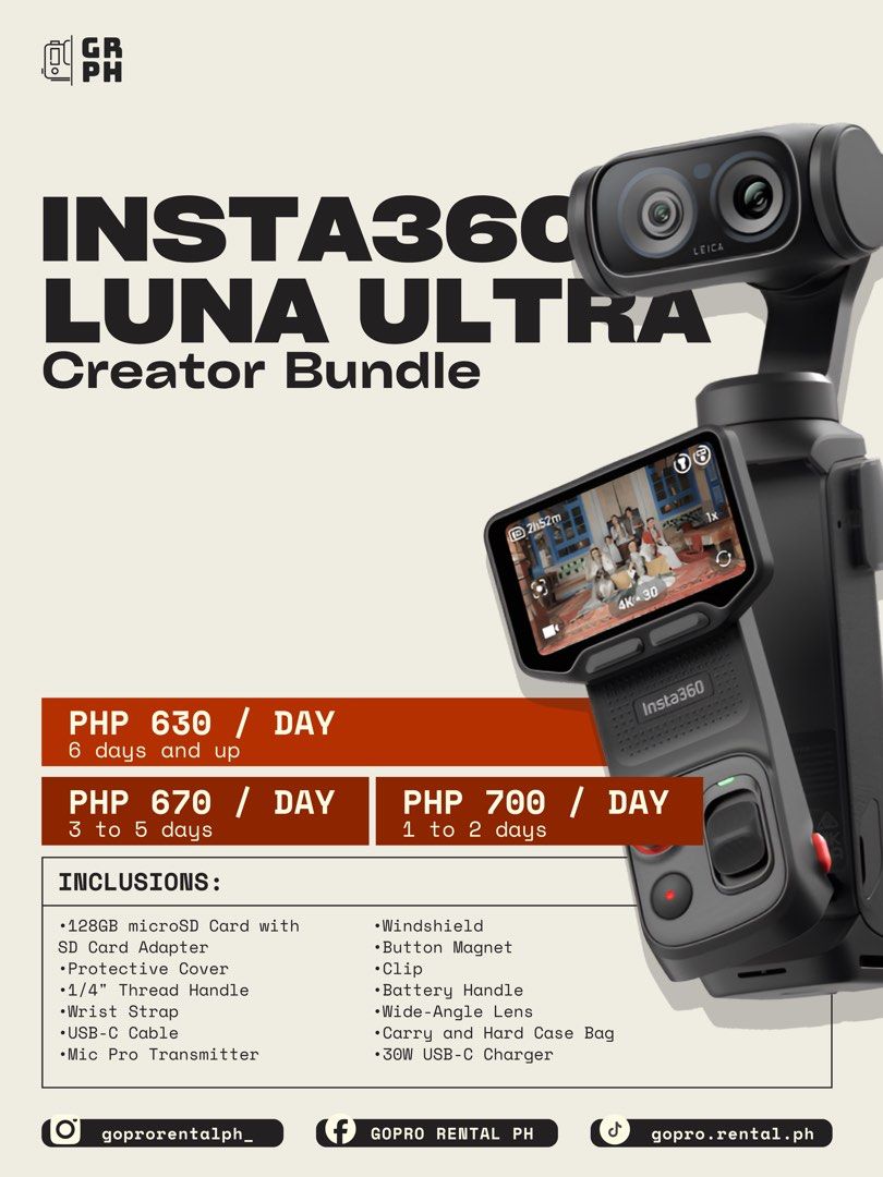 FOR RENT: Insta360 Luna Ultra (Creator Bundle) (Category: Cameras) located in Antipolo. Submitted by closet_theory (Listing ID 1445847297, Image 1). Description: 🎥✨ Looking for the perfect camera rental for your next adventure or project? Look no further! 📸 We offer a wide range of 𝗖𝗮𝗻𝗼𝗻, 𝗙𝘂𝗷𝗶𝗳𝗶𝗹𝗺, 𝗚𝗼𝗣𝗿𝗼, 𝗗𝗝𝗜, 𝗞𝗼𝗱𝗮𝗸, and 𝗜𝗻𝘀𝘁𝗮𝟯𝟲𝟬 𝗰𝗮𝗺𝗲𝗿𝗮𝘀 to capture every moment—whether it’s action-packed, picture-perfect