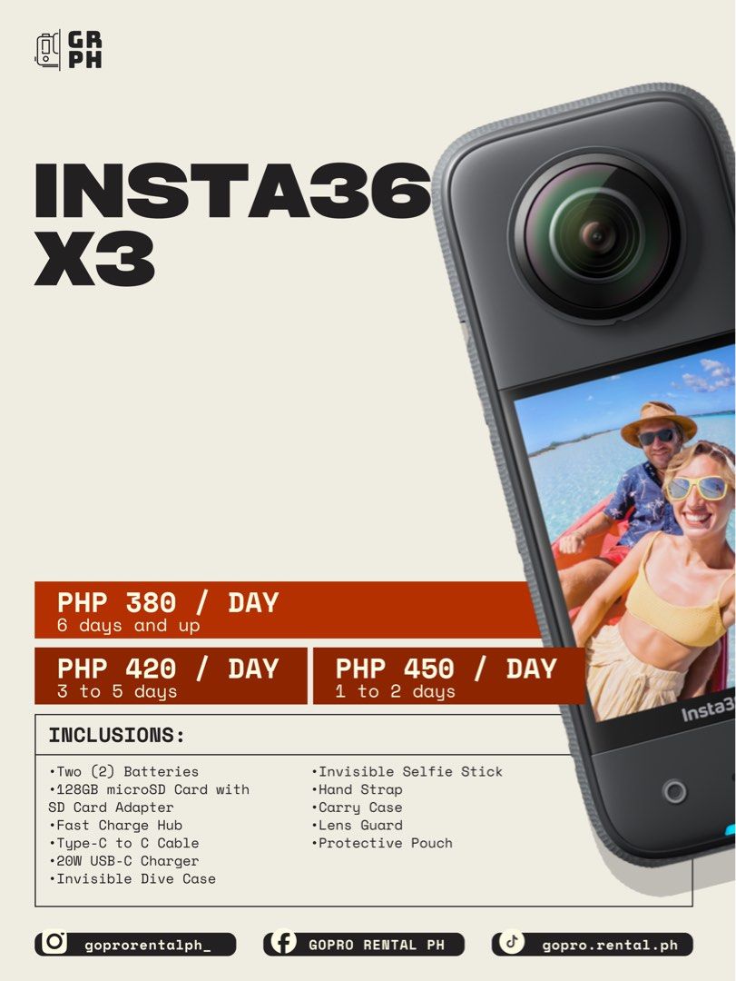 FOR RENT: Insta360 X3 (Category: Cameras) located in Quezon City. Submitted by closet_theory (Listing ID 1346905164, Image 1). Description: 🎥✨ Looking for the perfect camera rental for your next adventure or project? Look no further! 📸 We offer a wide range of 𝗖𝗮𝗻𝗼𝗻, 𝗙𝘂𝗷𝗶𝗳𝗶𝗹𝗺, 𝗚𝗼𝗣𝗿𝗼, 𝗗𝗝𝗜, 𝗞𝗼𝗱𝗮𝗸, and 𝗜𝗻𝘀𝘁𝗮𝟯𝟲𝟬 𝗰𝗮𝗺𝗲𝗿𝗮𝘀 to capture every moment—whether it’s action-packed, picture-perfect, or uniquely creative