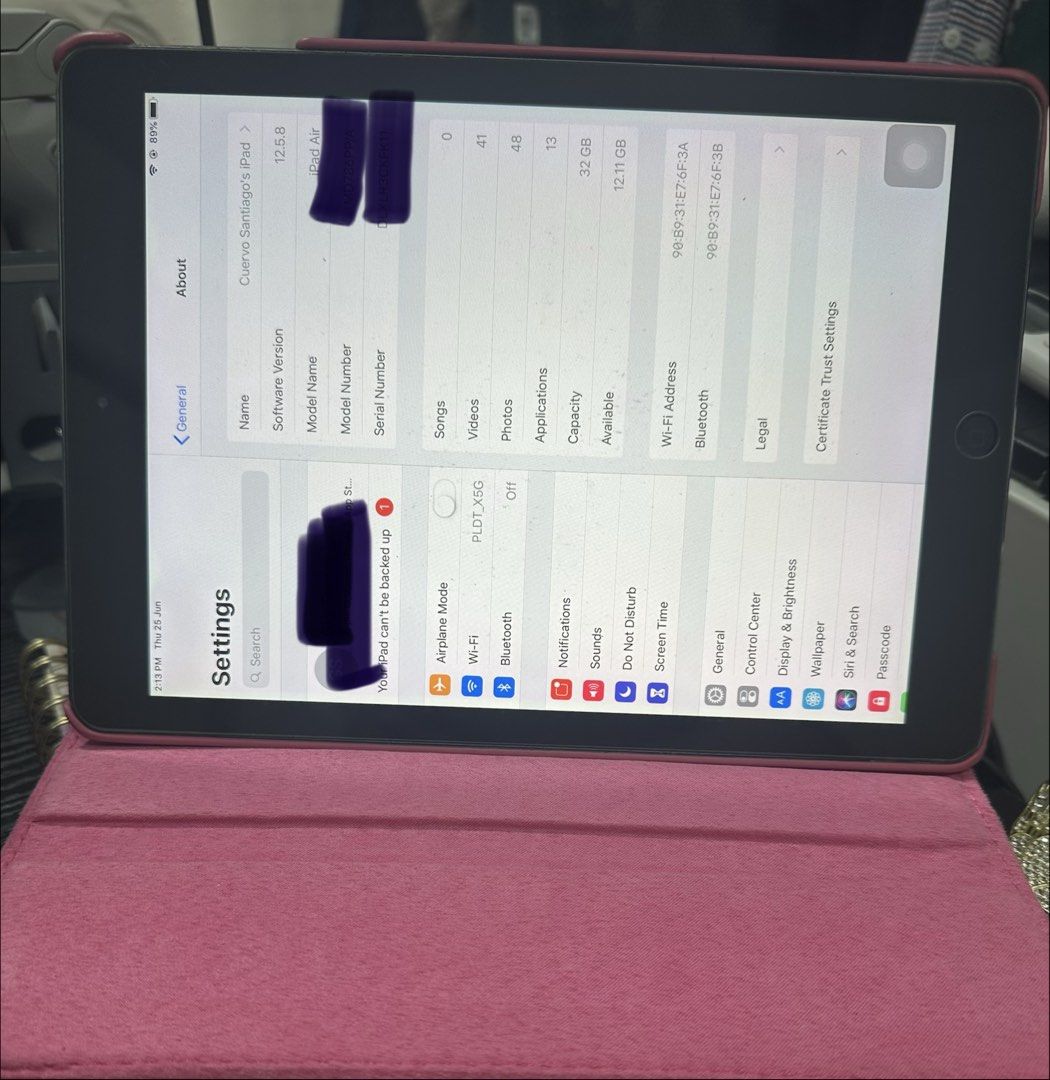 For Sale Ipad Air (Category: iPad) located in Las Pinas. Submitted by apluzshoppe (Listing ID 1445845114, Image 2). Description: Rush Sale : P 3500 , 32 GB , IOS 12.5.8 , no severe issues , only the touch button, use Assistive touch only. , pink ipad cover .