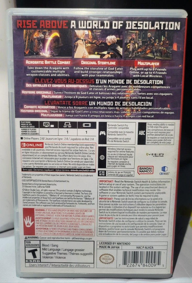 God Eater 3 Nintendo Switch Game (Category: Nintendo) located in Manila. Submitted by clydeliong69308 (Listing ID 1445938208, Image 3). Description: - God Eater 3 for Nintendo Switch - Action RPG genre - Includes game cartridge and original case - Case features control and support info inside - Prepare for thrilling combat!.