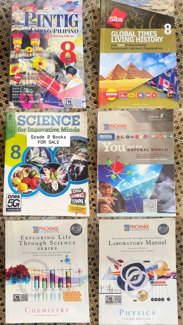 Grade 8 Books (Category: Textbooks) located in Legazpi City. Submitted by miamiranda24 (Listing ID 1445811374, Image 2). Description: 📚 BOOKS FOR SALE 📚 Grade 8 textbooks available! 📩 PM for book list, prices, and inquiries. 📚 Preloved, good condition 💸 Half price only! (each book has its own price) AVAILABLE BOOKS (Grade 8): Phoenix Publishing House • You and the Natural World – Grade 8 • Realistic Math 8: Basic, Beyond, Breakthroughs • ECA