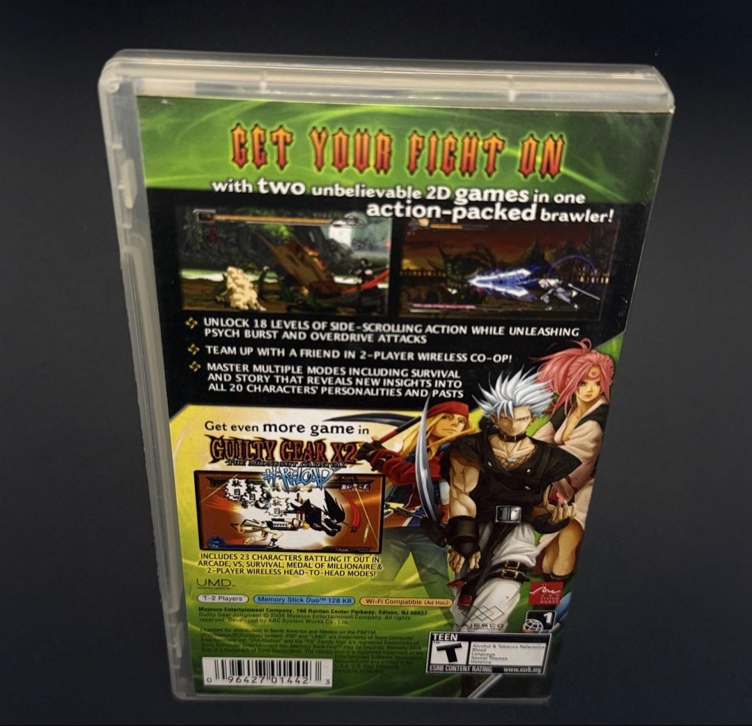 Guilty Gear Judgment PSP UMD Game (Category: PlayStation) located in Las Pinas. Submitted by cjdmc (Listing ID 1445857991, Image 2). Description: - Guilty Gear Judgment for PSP - UMD disc and case included - 2 games in 1 action-packed brawler - 18 levels of side-scrolling action - 2-player wireless co-op - Multiple modes: Survival, Story, and more - Features 21 playable characters.