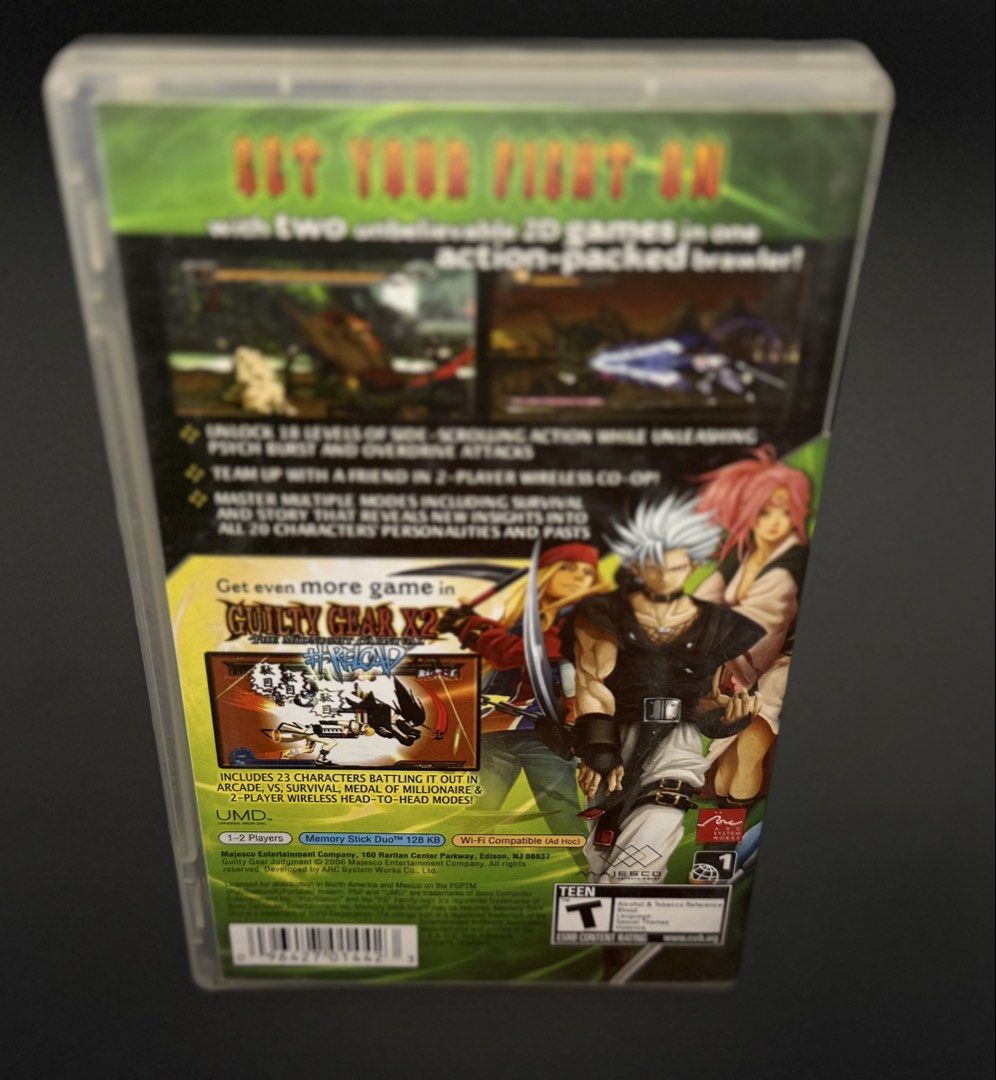 Guilty Gear Judgment PSP UMD Game (Category: PlayStation) located in Las Pinas. Submitted by cjdmc (Listing ID 1445860942, Image 2). Description: - Guilty Gear Judgment for PSP - Two 2D fighting games in one package - Features 18 levels of action - Includes 2-player wireless co-op mode - Master multiple game modes like survival - Play as 20 different characters - UMD disc is included.