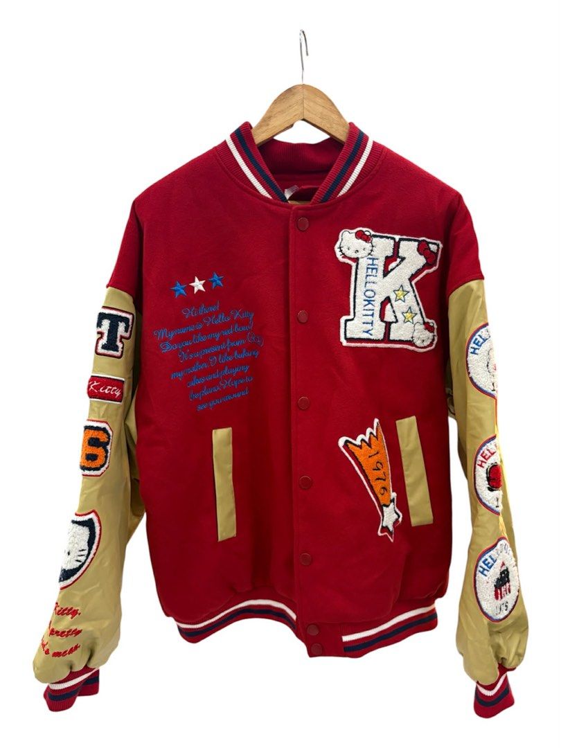 Hello Kitty Varsity Jacket Red & Tan Patches (Category: Coats, Jackets and Outerwear) located in Cabuyao City. Submitted by barbielovesmatcha (Listing ID 1445979263, Image 1). Description: dm.