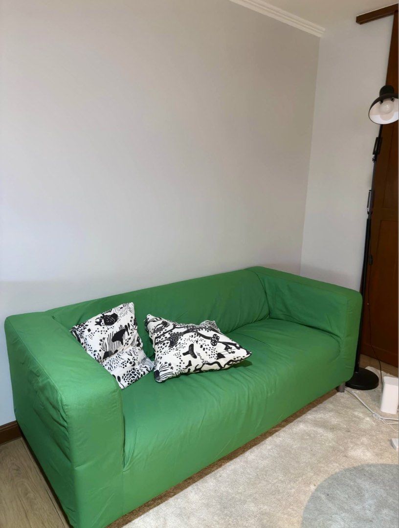 IKEA KLIPPAN 2-Seater Sofa - Vissle Green (Category: Sofas) located in Taguig. Submitted by i_clothess (Listing ID 1445942715, Image 2). Description: - IKEA KLIPPAN 2-seater sofa - Color: Vissle green - Compact design, ideal for smaller spaces - Removable and washable cover for easy cleaning - Includes two black and white patterned cushions - White sofa frame - Easy to assemble and move.