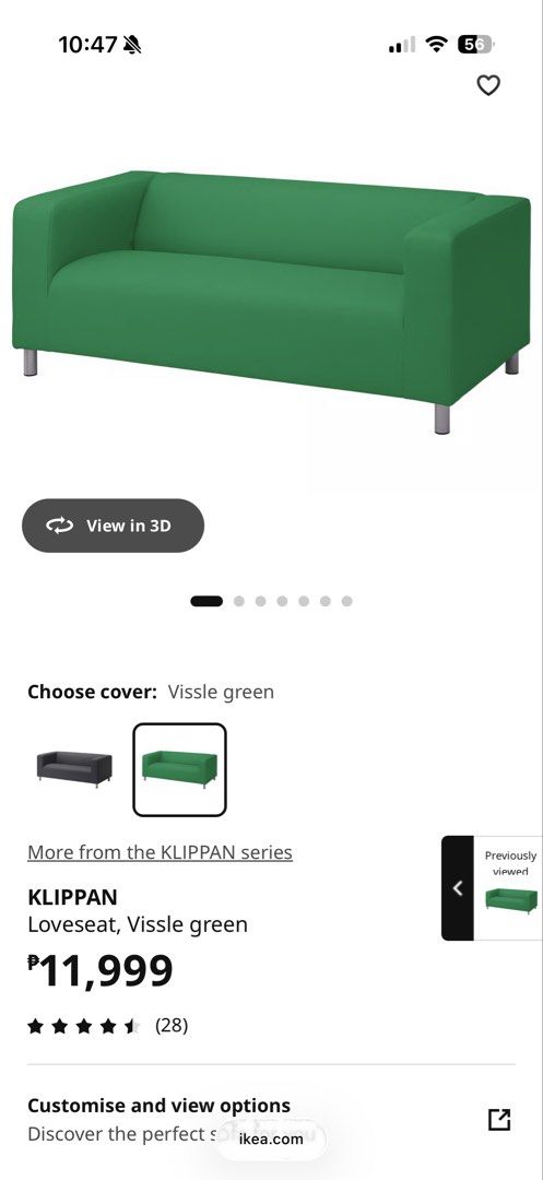 IKEA KLIPPAN 2-Seater Sofa - Vissle Green (Category: Sofas) located in Taguig. Submitted by i_clothess (Listing ID 1445942715, Image 3). Description: - IKEA KLIPPAN 2-seater sofa - Color: Vissle green - Compact design, ideal for smaller spaces - Removable and washable cover for easy cleaning - Includes two black and white patterned cushions - White sofa frame - Easy to assemble and move.