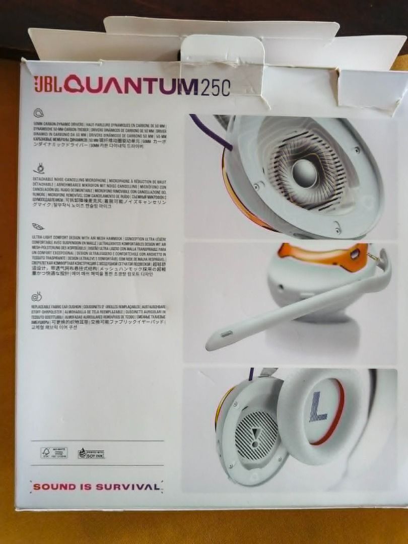JBL Quantum 250 Gaming Headset with Detachable Mic (Category: Headphones & Headsets) located in Paranaque City. Submitted by llagoonz (Listing ID 1445798559, Image 3). Description: Specs of Headset 🎧 JBL Quantum 250 Specs Uri: Wired gaming headset Connection: 3.5 mm audio jack (AUX) Compatibility: PC Mac Xbox PlayStation Nintendo Switch Mobile devices Audio: JBL QuantumSOUND Signature Hi-Res Audio certified 50 mm dynamic drivers Microphone: Deta