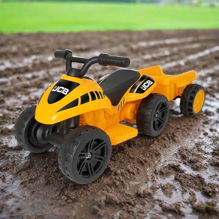 JCB Ride-On Quad Bike with Trailer (Category: Kids Toys) located in Pasig City. Submitted by pepperoo (Listing ID 1445809768, Image 3). Description: - Yellow JCB Quad Bike with detachable trailer - Ideal for outdoor play in the garden or park - Durable plastic construction for long-lasting fun - Perfect for kids who love construction vehicles - Trailer can be used to carry toys and treasures.