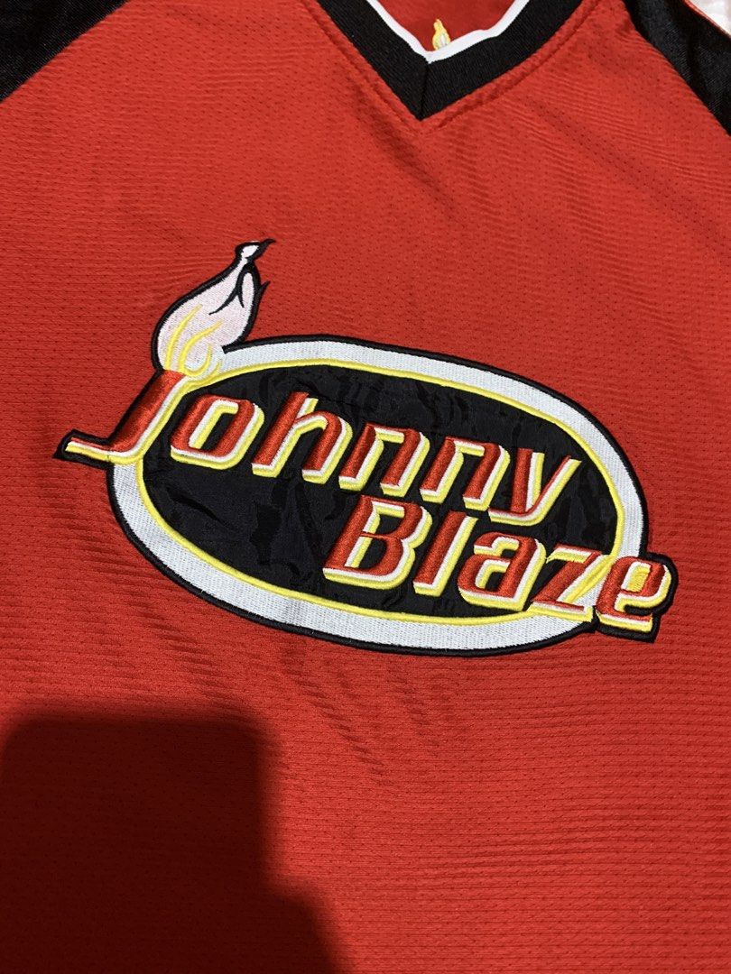 Johnny Blaze Red Flame Graphic Jersey (Category: Tshirts & Polo Shirts ) located in Quezon City. Submitted by studyanthrift (Listing ID 1445837573, Image 2). Description: - Cool red Johnny Blaze jersey - Features iconic flame logo on the front - Black and white accents on shoulders and neckline - Great for any fan.