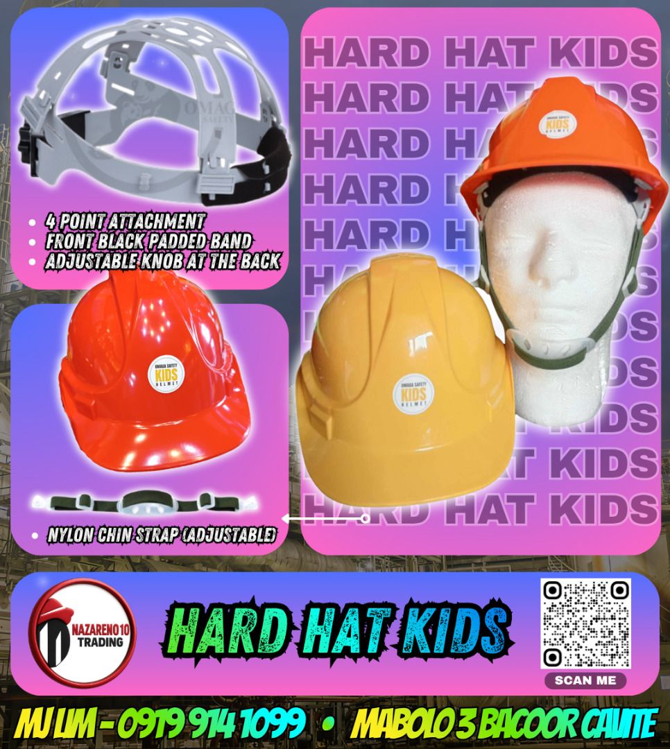 Kids Hard hat (Category: Other Babies Going Out Needs) located in Bacoor. Submitted by zealmountain-375a (Listing ID 1445794858, Image 1). Description: Hard Hat kids •Brand: OMAGA •ABS Material •4 Point Attachment •Front black padded band around the inner rim •Adjustable knob at the back •Nylon Chin Strap (Adjustable) •For Children 3-7yrs Old Also Available: Medical Kit Pouch Whistle (Keychain) Flashlight Mini (Rechargeable).