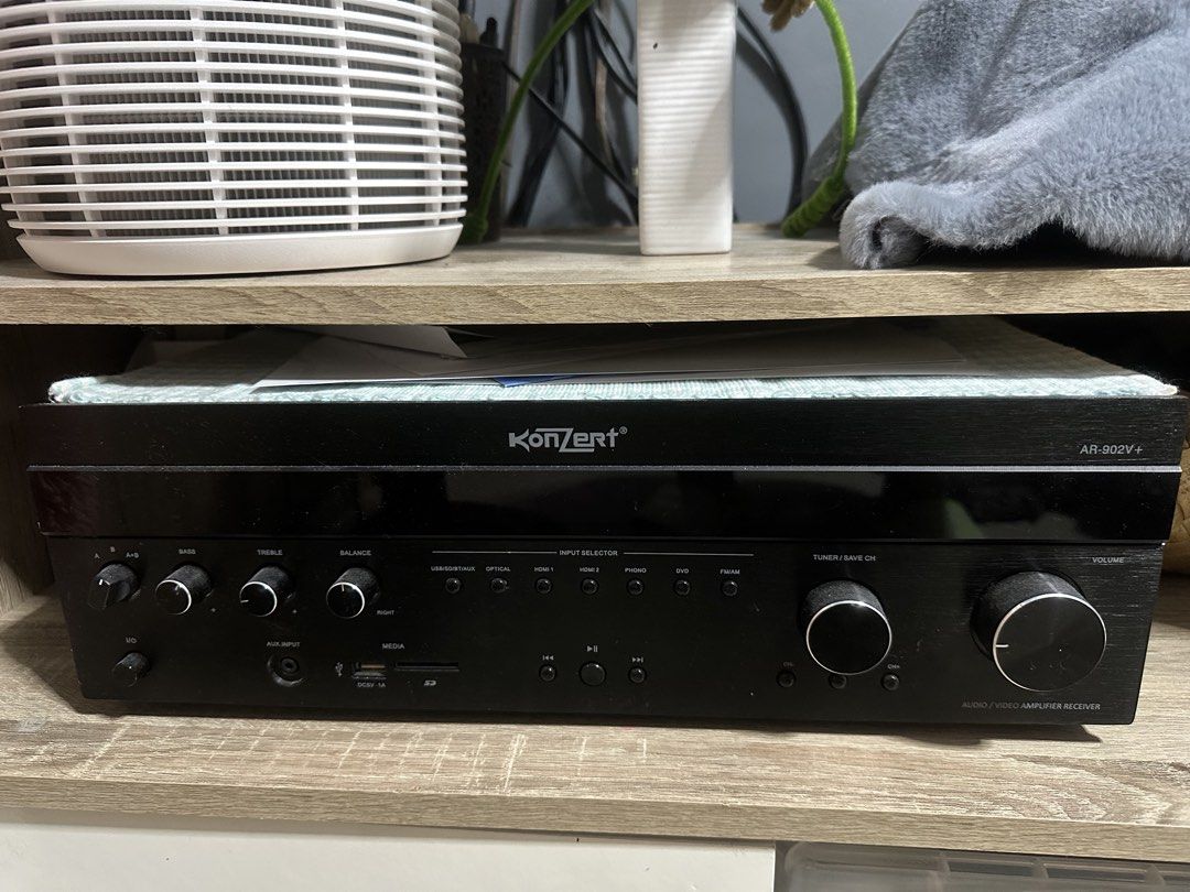 Konzert AR-902V+ Audio Video Amplifier Receiver (Category: Soundbars, Speakers & Amplifiers) located in Manila. Submitted by rlentan (Listing ID 1445808779, Image 1). Description: KONZERT AR-902V+ Amplifier with HDMI, USB, AM/FM and Bluetooth • USB reader (MP3 & Video playback) • Balance, Bass, Treble control • Mic Treble, Bass, Echo control • AM/FM radio-Bluetooth • HDMI in/out • USB, DVD/AU, Optical, HDMI • Audio Line out • Surround speaker • P